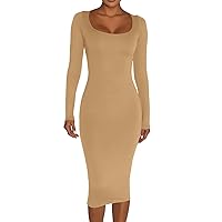 Women's Winter Long Midi Dress Square Neck Long Sleeve Bodycon Dress Stretch Ribbed Slim Lounge Solid Dresses