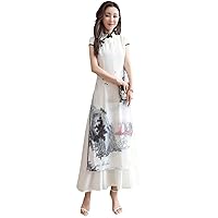Elegant Chinese Style Cheongsam Stand Collar Buckle 3/4 Sleeve Party Vintage Slim Maxi Dress Ladies Clothes
