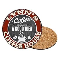 LYNN’S COFFEE HOUSE 6 of Set Custom Personalized Coasters Rustic Shabby Vintage Style Retro Kitchen Bar Pub Coffee Shop Housewarming Gift Wedding Gift Ideas