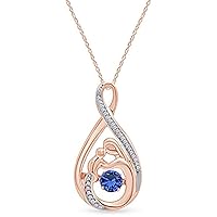 Created Round Cut Blue Sapphire Gemstone 925 Sterling Silver 14K Gold Finish Diamond Mother's Day Special Mother & Child Pendant Necklace for Women's & Girl's
