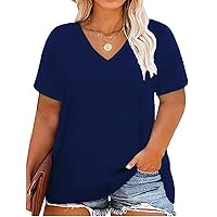 CARCOS Womens Plus Size Tops Basic Summer Shirts Short Sleeve V Neck Tunics Casual T-Shirt Loose Fits XL-5XL