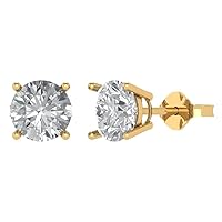 4Ct Brilliant Round Cut - Solitaire Studs Earrings - Clear Simulated Diamond - 14K Yellow Gold - Push Back