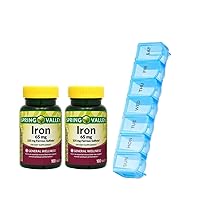 Iron Tablets Twin Pack, 65 mg, 200 Count Total, 2 Pack by Spring Valley + AM/PM Weekly Pill Box