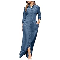 Womens Button Down Denim Shirt Dress Spring Fall Long Sleeve Winter Dress Pocket Lapel Solid Casual Maxi Dress