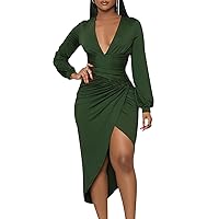 ZERMOM Women's Sexy Deep V Neck Dress Long Sleeve Bodycon Party Ruched Slit Dress