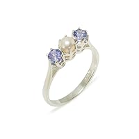 925 Sterling Silver Cultured Pearl & Tanzanite Womens Band Ring