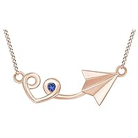 Created Round Cut Blue Sapphire Gemstone 925 Sterling Silver 14K Gold Over Diamond Paper Plane Pendant Necklace for Women's & Girl's