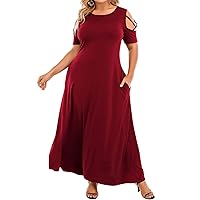 LAPA Women's Plus Size Cold Shoulder Maxi Dress, Short Sleeve Casual Loose Long Dresses with Pockets