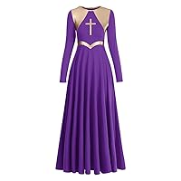 Women Metallic Cross Liturgical Praise Dance Dress Lyrical Dancewear Color Block Full Length Robe Worship Costume