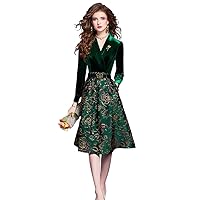 Elegant Patchwork Jacquard Dresses for Women green8 Long Sleeve Party Special Occasion