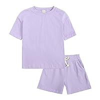 7 Piece Set Toddler Kids Baby Boys Girls 2 Piece Tracksuit Summer Outfits Solid Short Sleeve T (Purple #2, 3-4 Years)