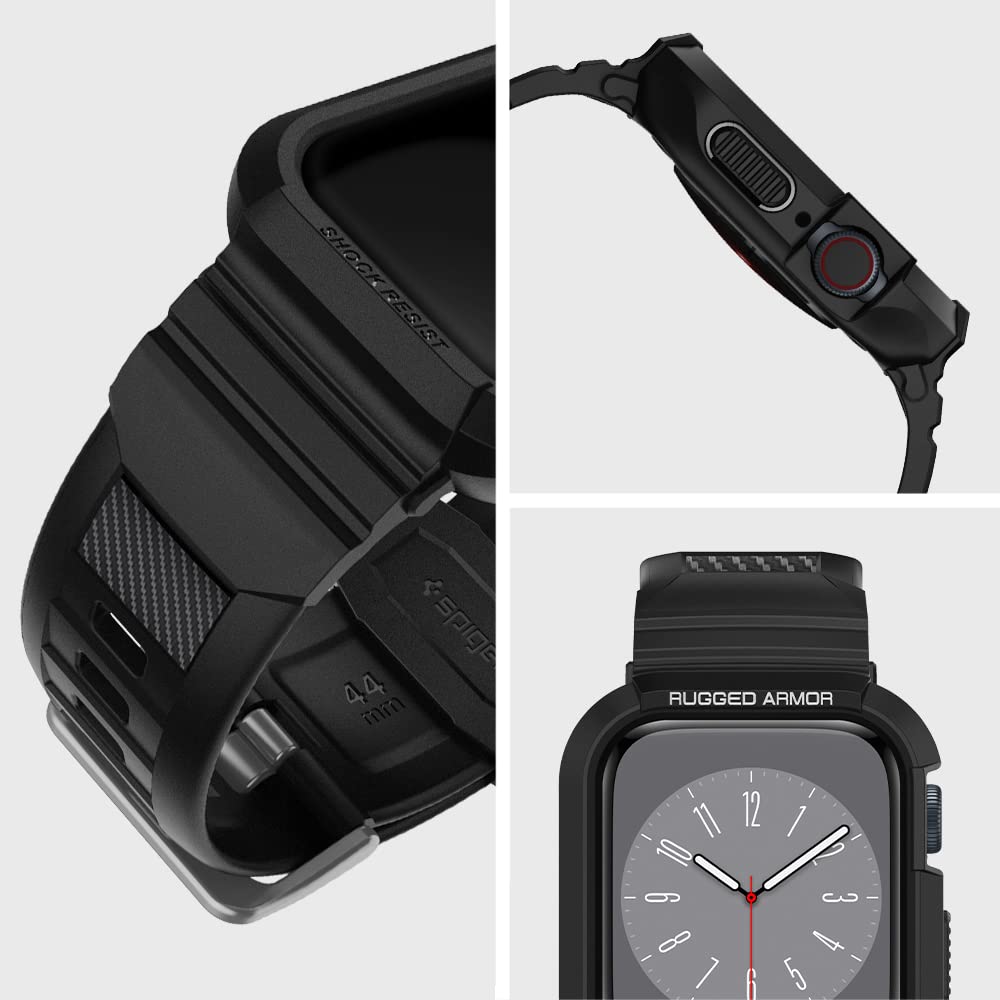 Spigen Rugged Armor Pro Compatible with Apple Watch Case with Band Series 8/7 (45mm) and Series SE2/6/SE/5/4 (44mm) - Black