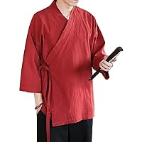 Men' Chinese Style Cardigan Loose Kimono Solid Self-tie Traditional Clothing