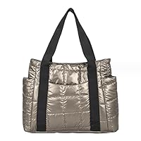 PETITCHOU Women's Tote Bag, Metallic Quilting, Quilted Bag, With Pockets, Handy, Lightweight, Large Capacity, Nylon