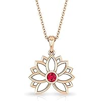 Created Round Cut Ruby Gemstone 925 Sterling Silver 14K Gold Over Lotus Flower Pendant Necklace for Women's & Girl's