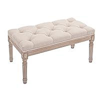 31.5 Inch Fabric Entryway Bench with Button Tufted Seat and Rustic Wood Legs, Living Room Bench Ottoman, Set of 1, Beige