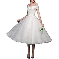 A-Line Elegant Wedding Dresses Off-The-Shoulder Tea Length Cap Sleeve Bridal Gown Sequin Beading Appliques 2024
