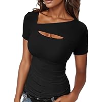 Short Sleeve T Shirts for Women Slim Fitted Shirt Fashion Cutout Front Tops Tee Tshirts Trendy