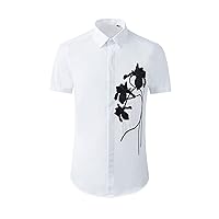 通用 Men's Short Sleeve Shirts Three Flower Pattern Embroidery Slim Fit Men's Short Sleeve Shirts