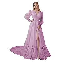 Puffy Sleeve Tulle Prom Dresses Long Ball Gown with Slit for Women 2024 V Neck Long Formal Evening Gowns