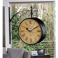 12 Inch Metal Analog Vintage Railway Station Antique Style Double Sided Wall Clock (Black)