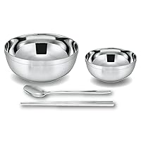 Kakusee HOL-04 Stainless Steel Bowl, Set of 4, Spoon and Chopsticks, All Stainless Steel, Hollow Double Layer, Heat Resistant, Condensation, Lightweight Type, Silver