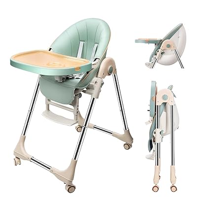 Ezebaby Baby High Chair for Toddlers, Foldable with Adjustable Seat Heigh Recline, Portable Babies and Toddler 4 Wheels, Infant Removable Tray(Green)