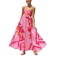 Women Floral Spaghetti Strap Maxi Dress Sleeveless Backless Print Sundresses 2024 Causal Flowy Beach Dresses (Dress 0351 Orange red,S)