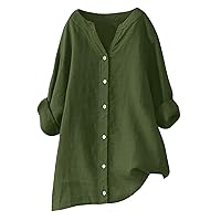 Womens Cotton Button Down Shirts Casual Rolled Long Sleeve Tops Loose Fit Collared Linen Plain Work Blouse Tops
