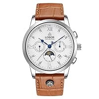 42mm Men's Automatic Watch with Month, Week, Date and 24-Hour Moon Phase Dial, Stainless Steel Leather Watch