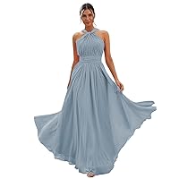 Long Pleated Chiffon Bridesmaid Dresses for Women A-line Halter Formal Prom Party Dresses with Pockets