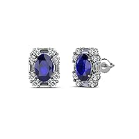 Oval Cut Blue Sapphire Natural Diamond 1 5/8 ctw Women Halo Stud Earrings 14K Gold