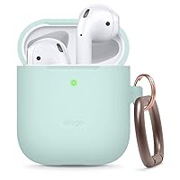 elago Silicone Case with Keychain Compatible with Apple AirPods Case 1 & 2, Front LED Visible, Supports Wireless Charging, Protective Silicone [Mint]