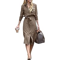 Spring Solid Color Dress Full Sleeve Lapel Women Casual Dress