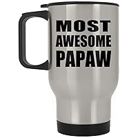Gifts, Most Awesome Papaw, Silver Travel Mug 14oz Stainless Steel Insulated Tumbler, for Birthday Anniversary Mothers Day Fathers Day Parents Day Party, to Men Women Him Her Friend Mom Dad
