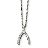 Stainless Steel Polished Fancy Lobster Closure With CZ Cubic Zirconia Simulated Diamond Wishbone Necklace 15.5 Inch Jewelry Gifts for Women