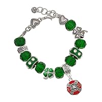 Silvertone Red Enamel Fire Department Medallion - Green Irish Luck Bead Charm Bracelet, 7.5