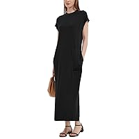 Flygo Dresses for Women Maxi Tshirt Dress Crewneck Slit Cap Sleeve Casual Ankle-Length Summer Sundresses with Pockets(Black-M)