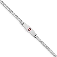 14K White Gold Medical Soft Diamond Shape Red Enamel Anchor Link ID Bracelet