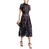 Runway Women Lapel Collar Dress Summer Short Sleeve Hollow Out Patchwork Flower Embroidery Hollow Out Midi
