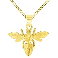 14k Yellow Gold 3D Honey Bee Charm Bumblebee Insect Pendant with Figaro Chain Necklace