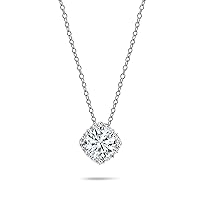 2.00 Carat Center Round Lab Grown White Diamond or Cubic Zirconia Cushion Frame Halo Pendant with 18 inch Silver Chain for Women in 925 Sterling Silver