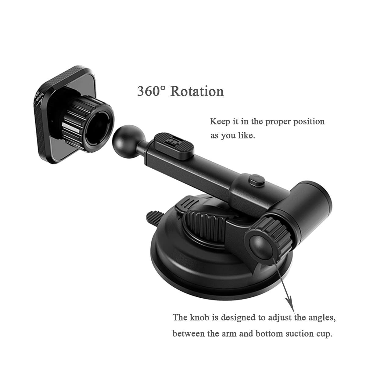 RAKPG Magnetic Car Phone Mount, Universal Cell Phone Holder on Dashboard or Windshield, with Strong Sticky Suction Cup and Multi-Angle Adjustable Arm, Black