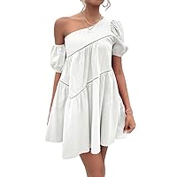 Summer Dresses for Women 2024 Asymmetrical Neck Puff Sleeve Smock Dress