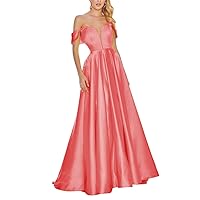 Satin Prom Dress V-Neck Long Ball Gown Off Shoulder A-Line Evening Dresses Coral