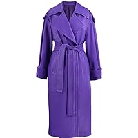 Women’s Purple Genuine Sheepskin Luxury Kimono Runway Designer Casual Fashion Long Belted Leather Trench Coat