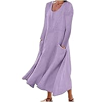 Women's 2024 Spring Cotton Linen Dress Long Sleeve Maxi Casual Plus Size Tunic Dress Beach Flowy Dress with Pockets