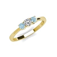 Round Aquamarine Natural Diamond 1/2 ctw 3 Stone Engagement Ring 14K Gold