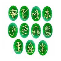 11 Pcs Green Fancy Agate Zonar, Halu, Harth, Kriya, Gnosa,Iava, Rana, Shanti, Dumo, Tibetan Fire Serpent, Om Engraved K-Aruna Palm Healing Reiki Symbol Crystal Healing Stones (1 Set)