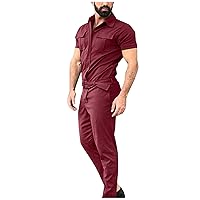 Casual Overalls For Men,Short Sleeve Zip Up Coverall Work Wear Casual Slim Fit Jumpsuit Construction Pants